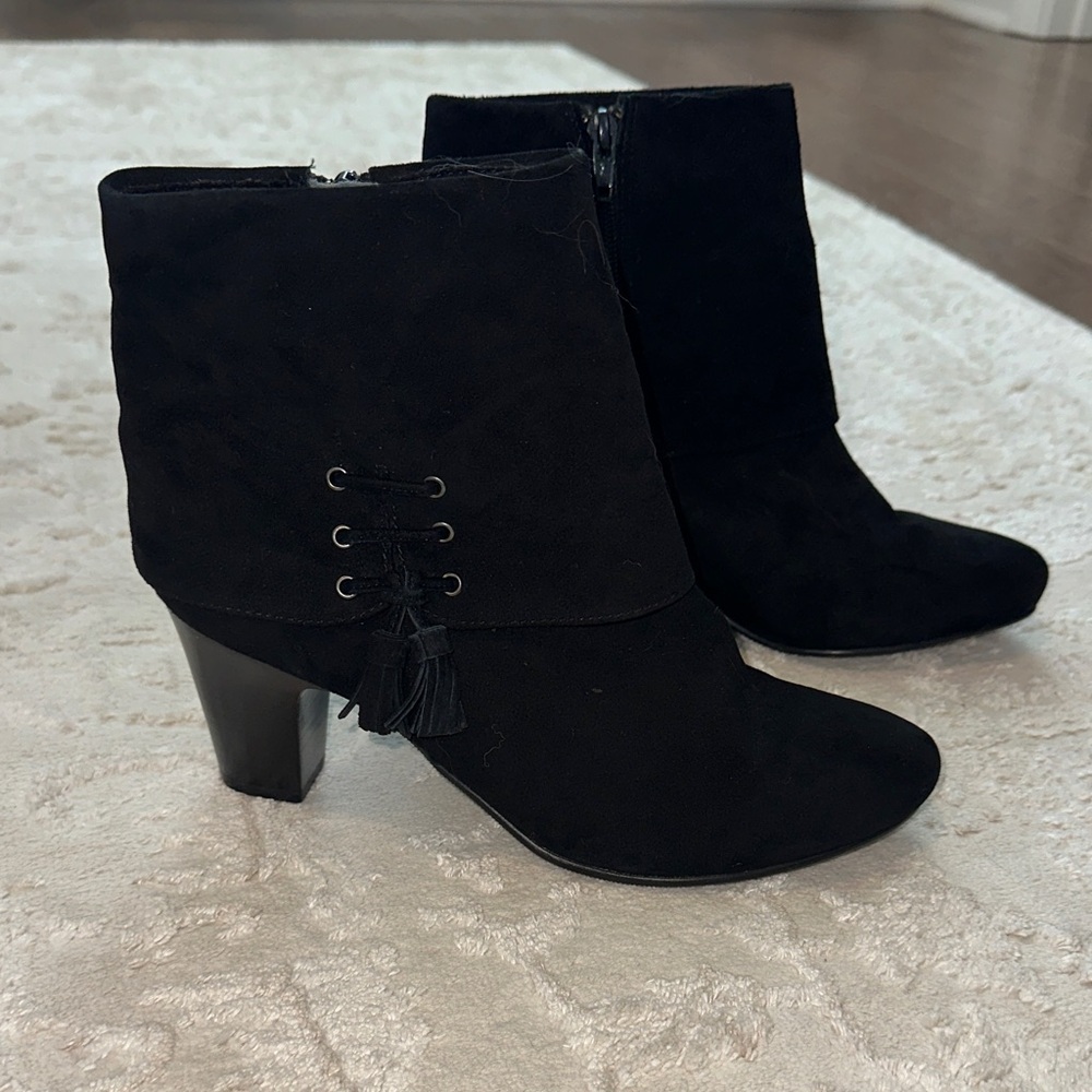 Vaneli Suede Black Ankle Boots with Tassel